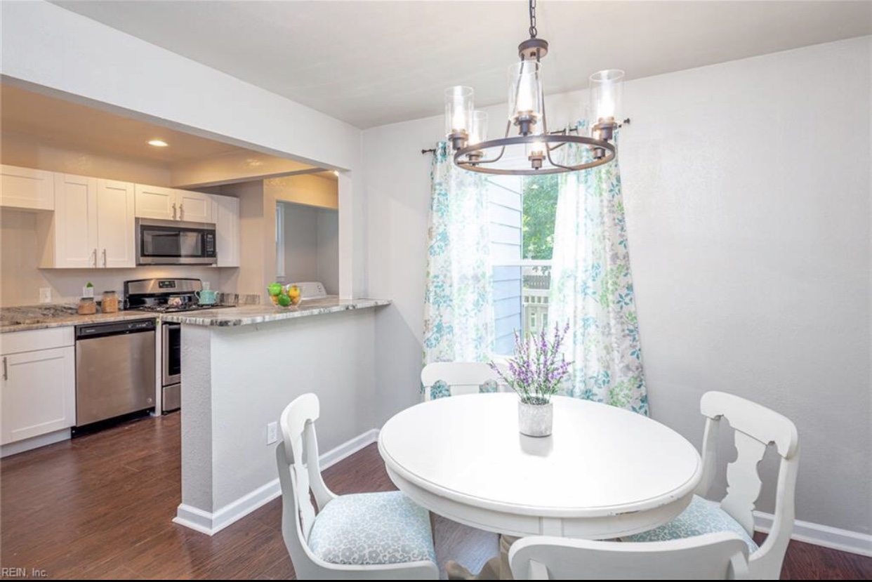 Bright kitchen with white dining table.